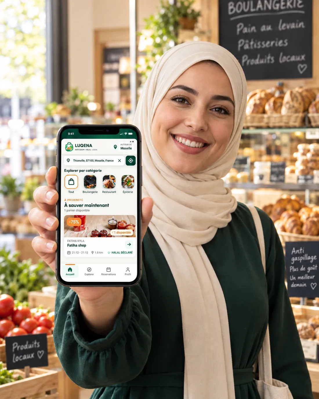 Une cliente montre l'application Luqena ouverte sur son téléphone dans un commerce