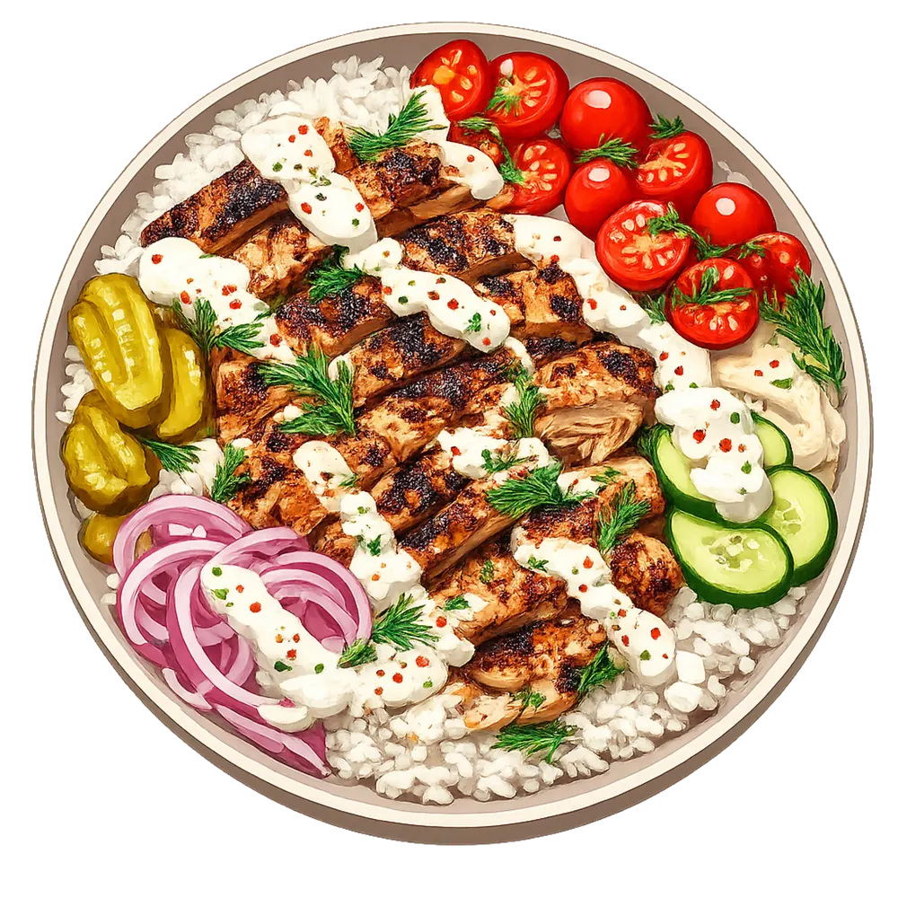 Assiette de poulet shawarma grillé, riz et légumes frais